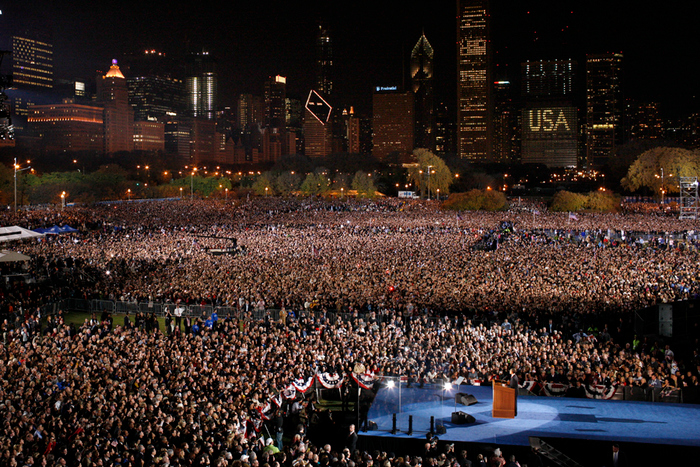 U.S. Democratic presidential nominee Senator Barack Obama (D-IL) during his election night rally in Chicago, November 4, 2008.